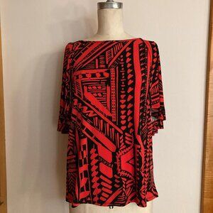 IMAN Global Chic Abstract Key-hole Pant Set Red w Black Pattern Open Arm